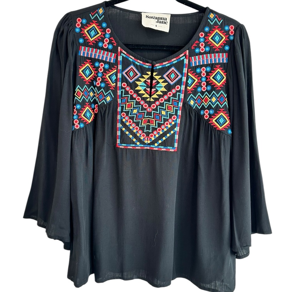 Savanna Jane Small‎ black colorful embroidered top with flowy 3/4 sleeves